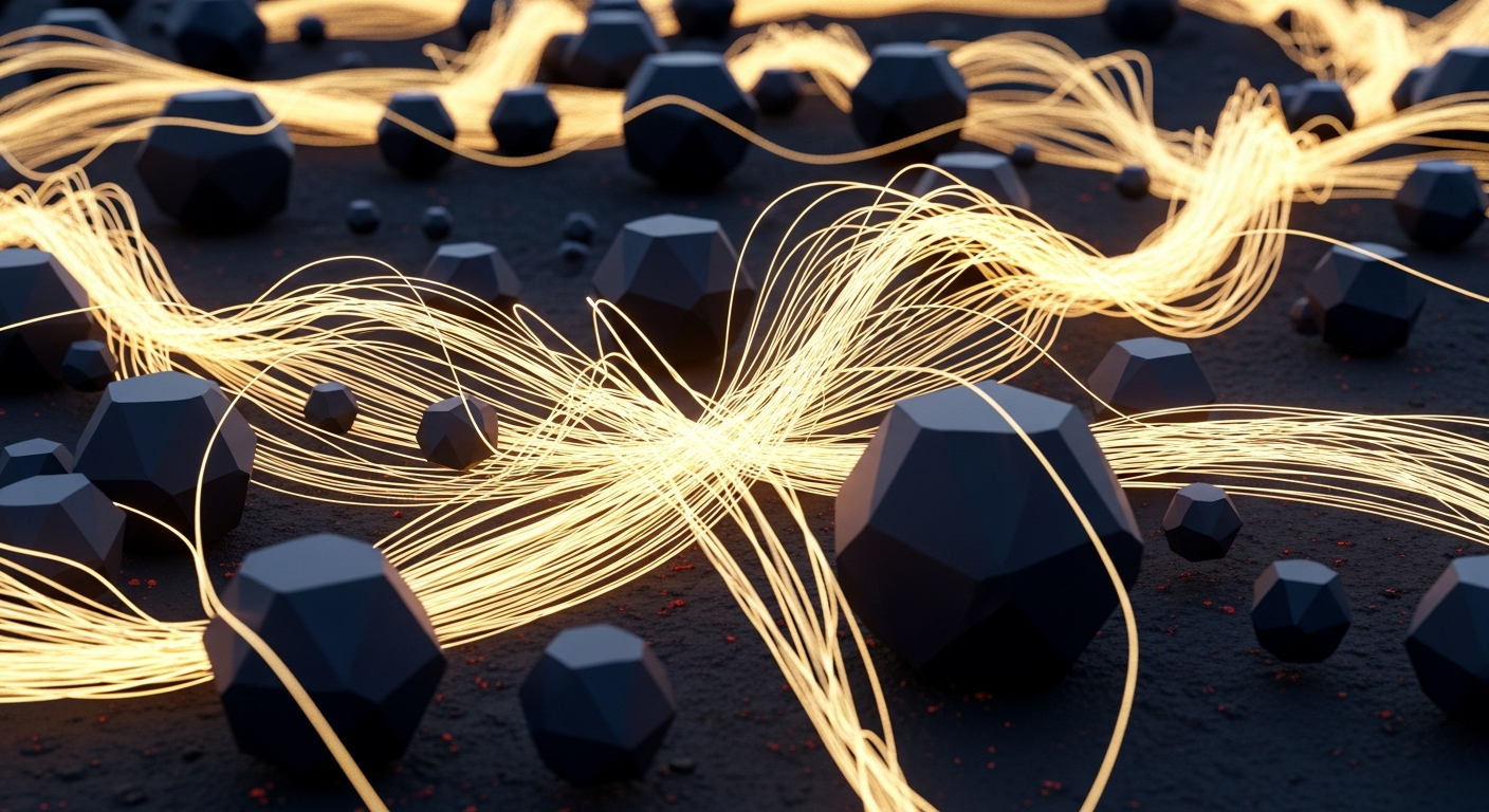 AI neural network data streams flowing through geometric nodes