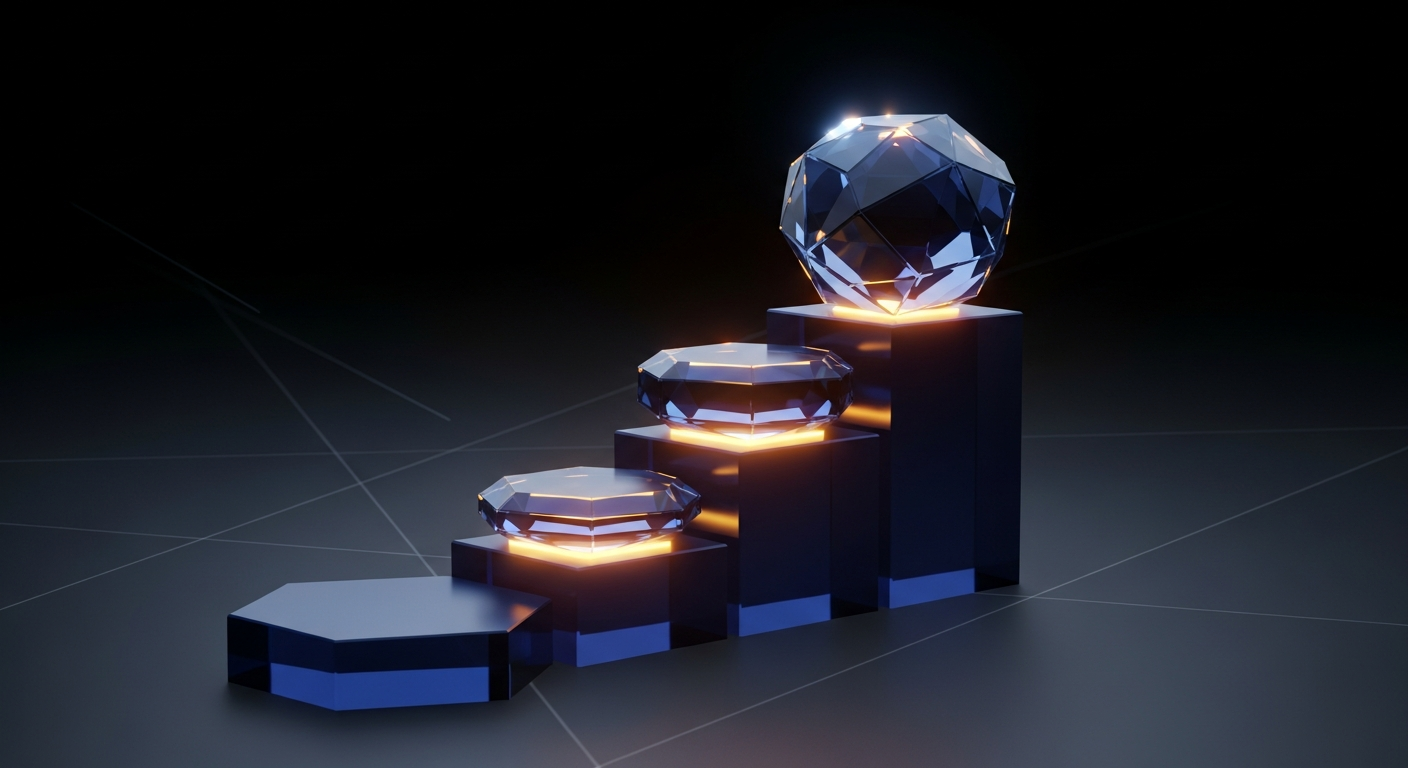 Ascending geometric crystal pricing tiers with golden light